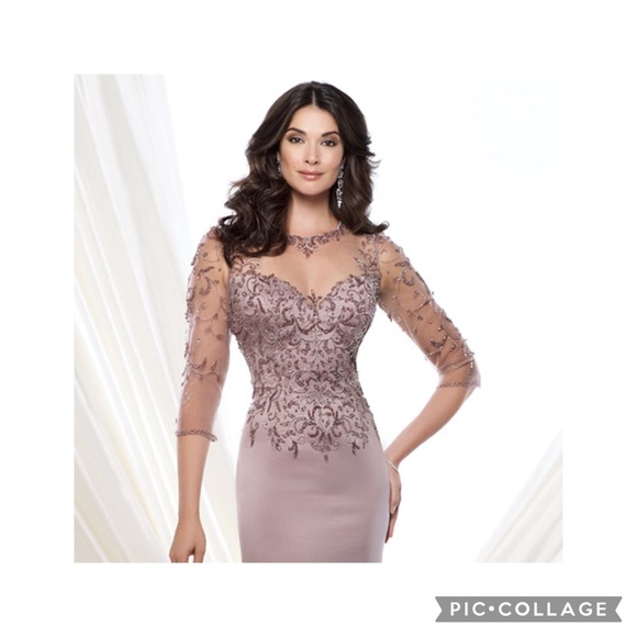 Montage by MonCheri 3/4 sleeves illusion hand beaded bodice gown - Picture 3 of 15